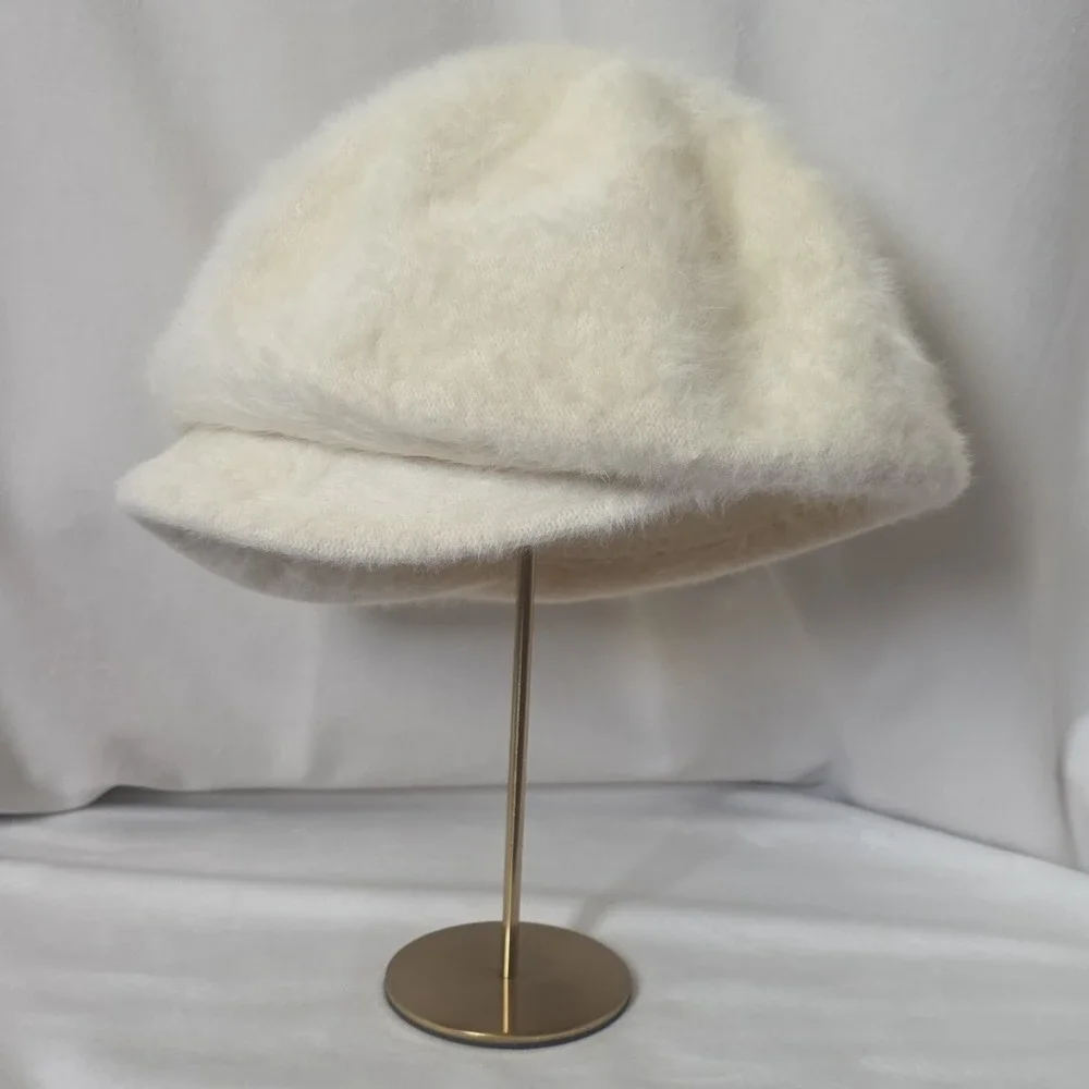 Vintage Y2K Kangol Ivory Faux Fur Newsboy Cap Solid Button Accent